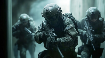 Obraz premium Special forces operatives in tactical gear advancing with weapons in urban operations