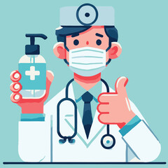 flat design character of a doctor with mask and hand sanitizer giving thumbs up