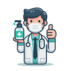 cartoon of a doctor wearing a mask holding a sanitizer bottle