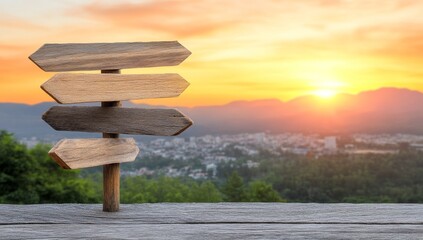 Wooden Signs Pointing in Different Directions on Mountain Path