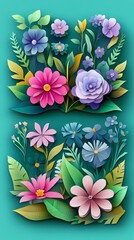 Set Flowers decorative 3d vector papercut