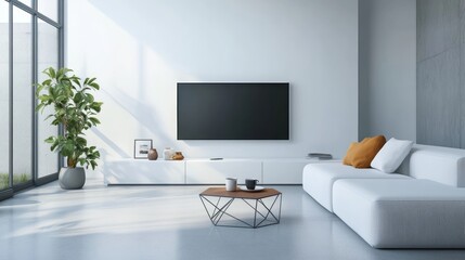 Modern living room interior design with white sofa and TV.