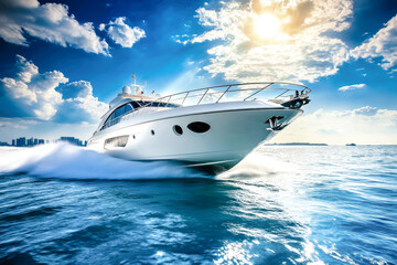 Luxury yacht racing across the sparkling sea under a bright blue sky with fluffy clouds during a sunny day