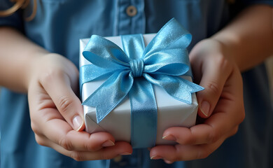 Child presenting white gift with blue ribbon for Hanukkah celebration