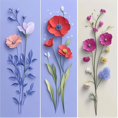 Set Flowers decorative 3d vector papercut
