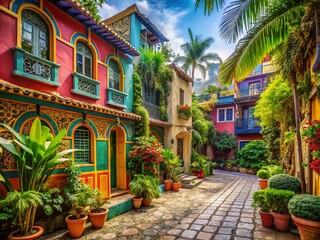 Fototapeta premium Outdoor Painting of Island-Inspired Architecture in Urban Exploration Photography