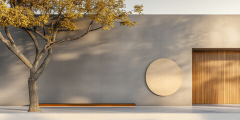 Modern architectural design featuring a minimalist wall and tree during autumn