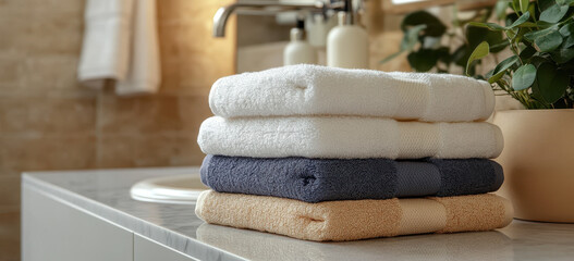 Obraz premium A stack of clean towels in various colors is displayed on the bathroom counter, ready for use. The scene includes soft fabrics and delicate details.