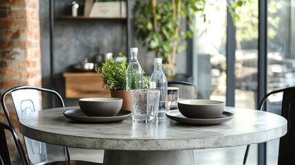 Fototapeta premium Modern Kitchen Table Setting with Glass of Water and Bowls.