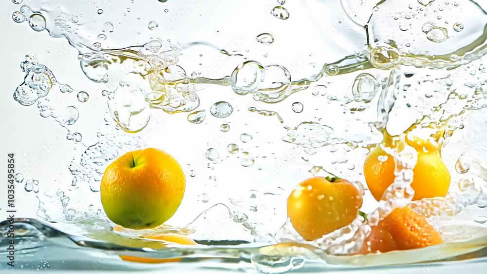 Poster orange fruits splash into clear water, creating dynamic bubbles and droplets in motion