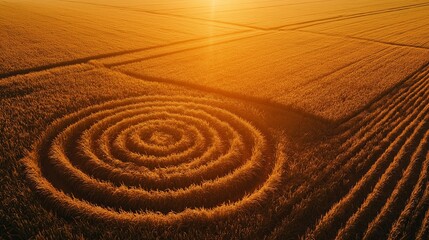 Naklejka premium This aerial perspective reveals stunning geometric crop circles intricately designed in golden fields during sunset, highlighting agricultural creativity and mystery. Generative AI