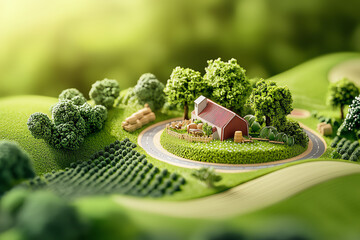 Miniature farm layout, sustainable barn with rainwater harvesting, ecofriendly theme, 3D illustration