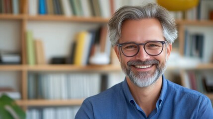 Fototapeta premium Smiling middle-aged professor in library setting
