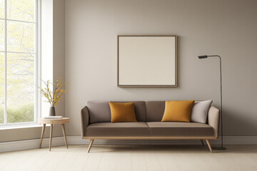 Cozy living room with a minimalist couch, cushions, and natural light from big windows