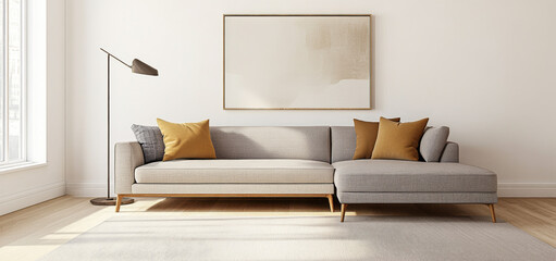 Cozy modern living room featuring a grey sectional sofa and floor lamp in bright sunlight