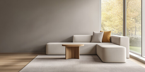 Fototapeta premium Modern living room with minimalist furniture and large windows on a sunny day