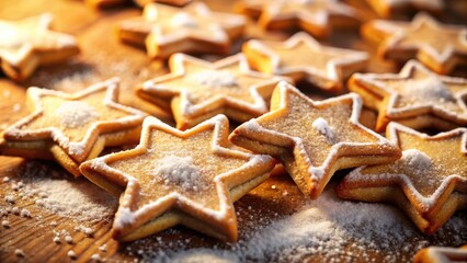 A Close-Up of Golden Star-Shaped Cookies Covered in Powdered Sugar on a Rustic Wooden Surface