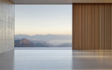 Modern architectural interior with mountain view at dawn highlighting minimal design elements