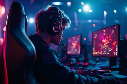 A group of skilled esports athletes is intensely focused on their screens during a competitive event. The atmosphere is electric with colorful lights illuminating the venue as they strive for victory.