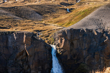 nature sceneries along the trail to get to the Hengifoss waterfall, Iceland