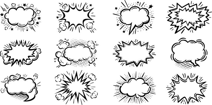 Set of hand drawn elements doodle comics isolated on white background. Empty frames for your text of different shapes