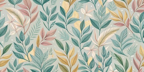 Fototapeta premium Seamless pattern of delicate, stylized leaves in shades of green, pink, and yellow against a light gray background