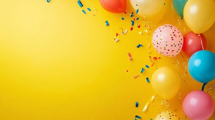 Birthday party background on yellow with festive balloons, streamers, and confetti - perfect for celebrations, party invitations, and event decor