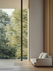 Fototapeta premium Modern living space with large windows showcasing serene outdoor greenery