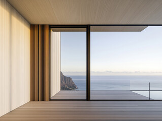 Modern minimalist interior design featuring expansive ocean views at sunset