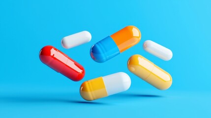 Antibiotic Capsules in Motion, a dynamic visual of colorful pill capsules cascading, symbolizing healthcare innovation, vibrant colors against a neutral backdrop, emphasizing medical progress