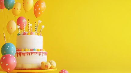 Birthday party background on yellow with festive balloons, streamers, and confetti - perfect for celebrations, party invitations, and event decor