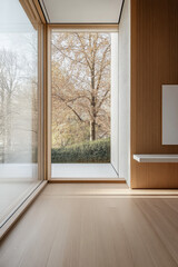 Fototapeta premium Minimalist interior design featuring large windows overlooking a serene outdoor landscape