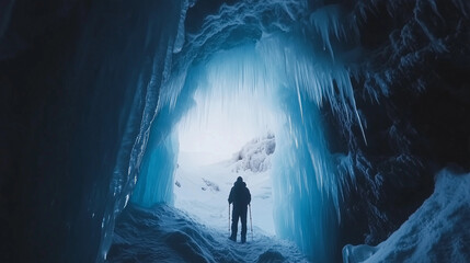 Obraz premium Exploring an icy cavern with stunning blue icicles in a winter landscape at dawn