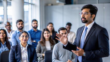 An Indian speaker presenting to an audience in a corporate setting.
