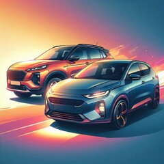 Naklejka premium Illustrate a vibrant scene featuring two stylish cars: a compact hatchback in the foreground with a sharp front view and a sleek crossover showcased in profile beside it. ai