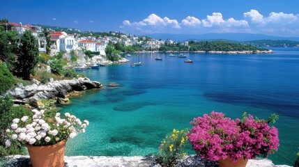 An old Greek house entrance showcases pink cherry blossoms and a stunning view of the blue sea on a perfect sunny day.