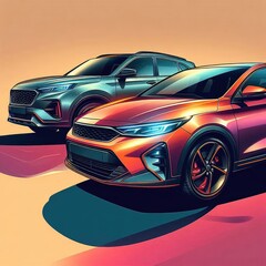 Obraz premium Illustrate a vibrant scene featuring two stylish cars: a compact hatchback in the foreground with a sharp front view and a sleek crossover showcased in profile beside it. ai