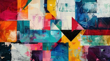 Abstract colorful art composition with geometric shapes, vibrant hues and dynamic brushstrokes creating an energetic visual experience