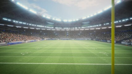 Day Aerial Elevating View of an American Football Stadium With Enthusiastic Fans. Field of a Major Championship Game, Capturing the Anticipation and Energy of the Spectators with Start of the Game