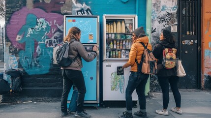 Obraz premium A diverse group of individuals interacts around a community fridge, exchanging food items and fostering connection in a vibrant urban environment. Generative AI