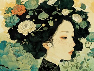 Woman with Flowers in Her Hair - Digital Art Print