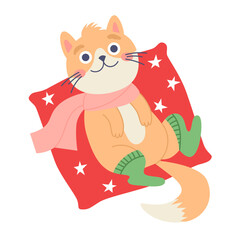 Christmas cat. Cute festive feline laying on a pillow. Vector character in flat style
