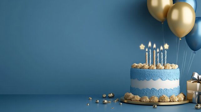 Blue and golden happy birthday cake invitation card banner background with balloons, candle, and gift box - perfect for celebrations, party invitations, and festive event designs