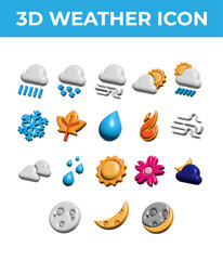 Set of 3d realistic Weather vector icons isolated on white background. Summer, winter, fall, rainy, wind