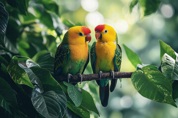 Obraz premium Colorful tropical parrots perched on a branch in a lush forest
