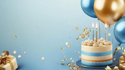 Blue and golden happy birthday cake invitation card banner background with balloons, candle, and gift box - perfect for celebrations, party invitations, and festive event designs