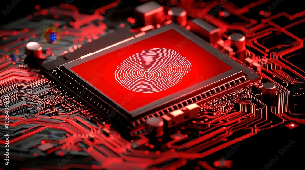 Poster digital security concept, an electronic fingerprint displayed on a scanning screen, featuring a low 