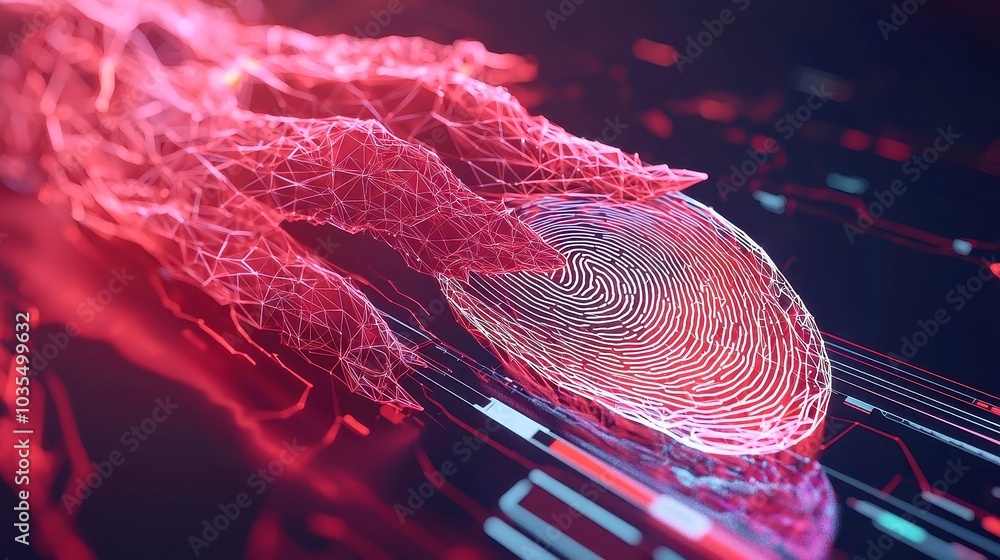 Poster digital security concept, electronic fingerprint displayed on a scanning screen, featuring a low pol