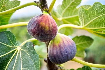 Figs fruit (Ficus carica) on tree branch with lush green leaves and ripe fruit in a peaceful garden settin