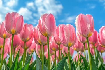 Vibrant pink tulips blooming under a clear blue sky in springtime